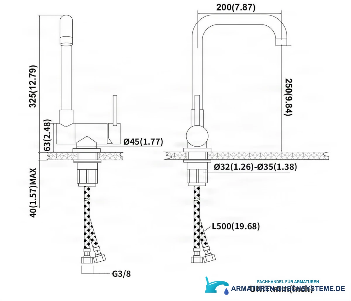 Technische Zeichnung der Küchenarmatur PA13536 (325 × 200 mm, Anschlüsse G3/8)