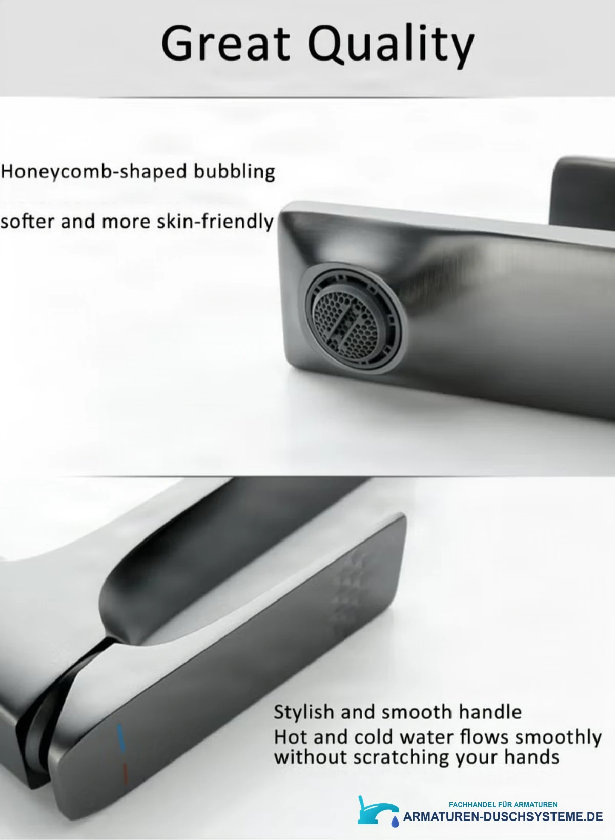 Details der Edelstahlarmatur ELITE EDITION BS2150: Luftsprudler und breiter Einhebelgriff