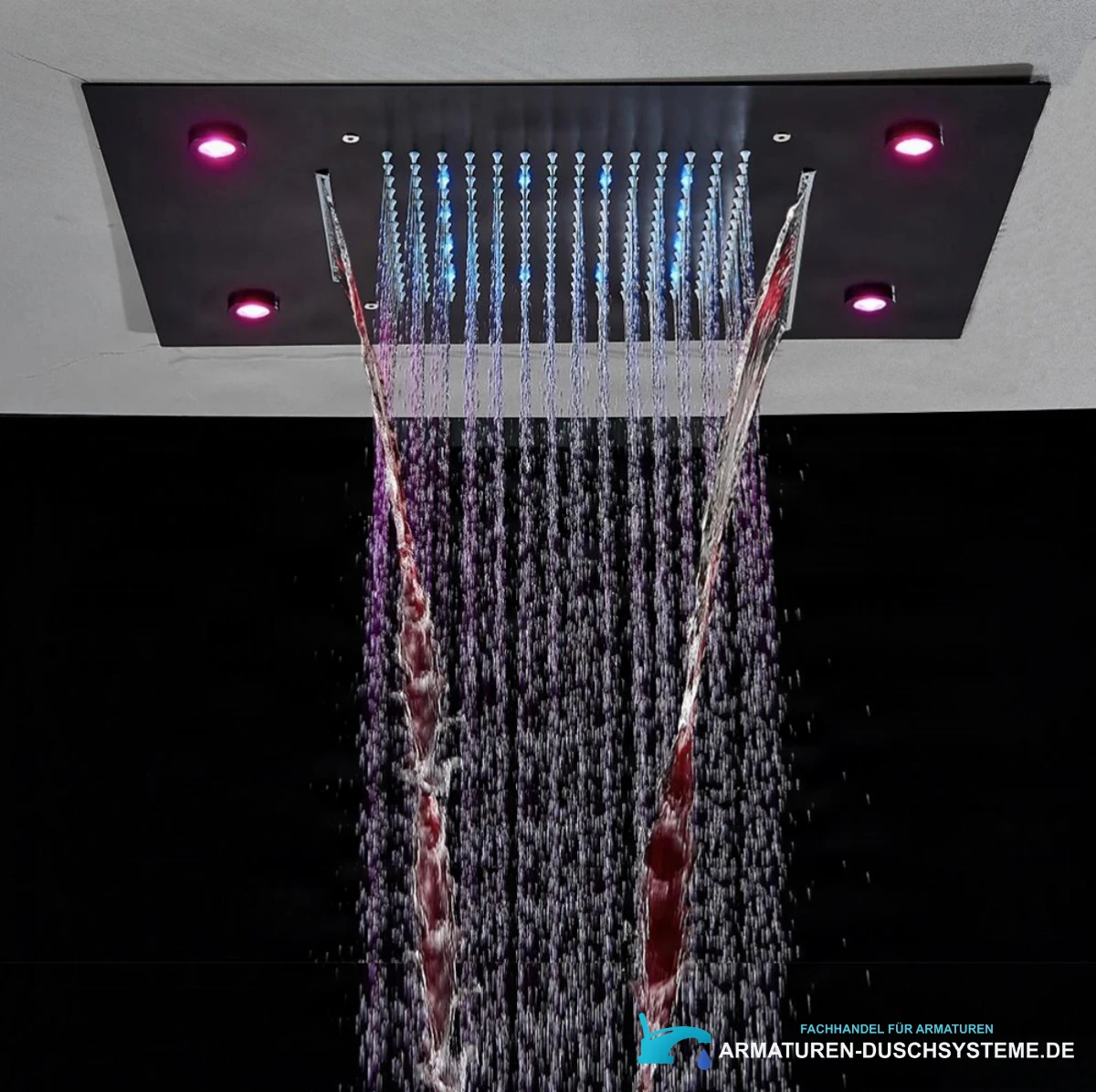 Unterputz-LED-Duschsystem PT8899 im Einsatz mit Regen- und Wasserfallstrahl