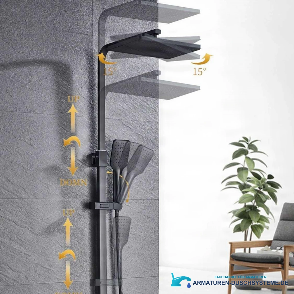 Unterputz-Duschsystem EYN mit Thermostat und Wasserfallauslauf BT1048 in Mattschwarz