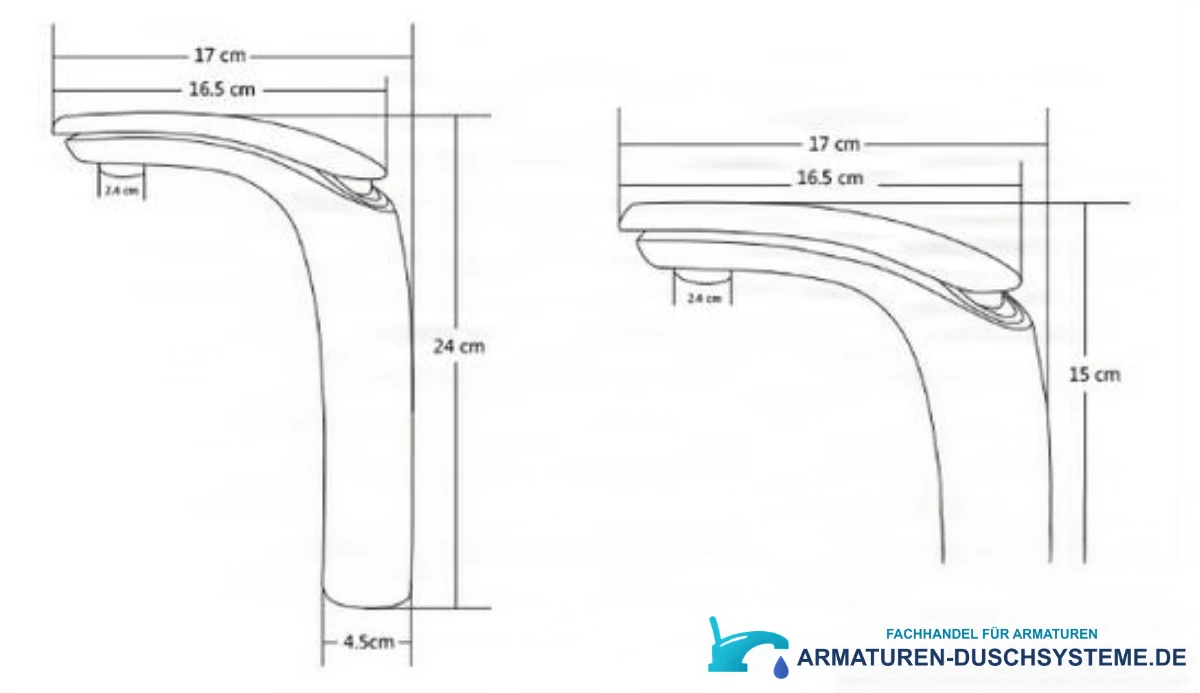 Technische Zeichnung der Badarmatur KAB6116 mit 15 und 24 cm Höhe