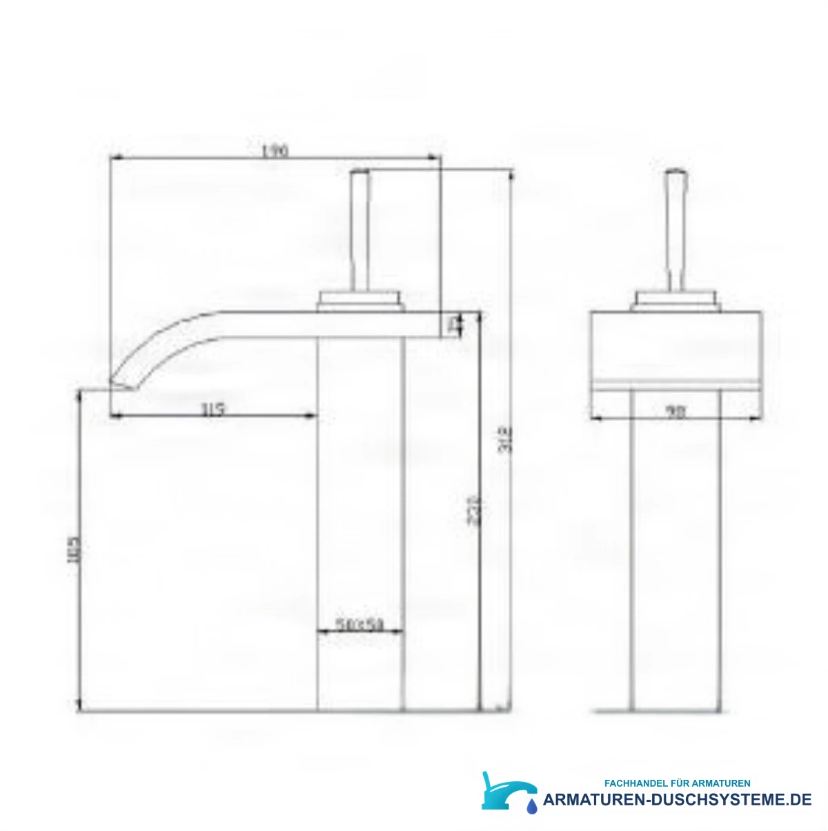 Technische Zeichnung der Wasserfall-Waschtischarmatur EYN0145 mit 170 mm Breite und 119 mm Ausladung