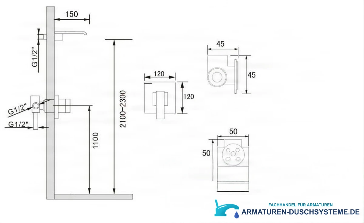 Technische Zeichnung des Unterputz-Duschsystems PT69359 (2100–2300 mm, G1/2)