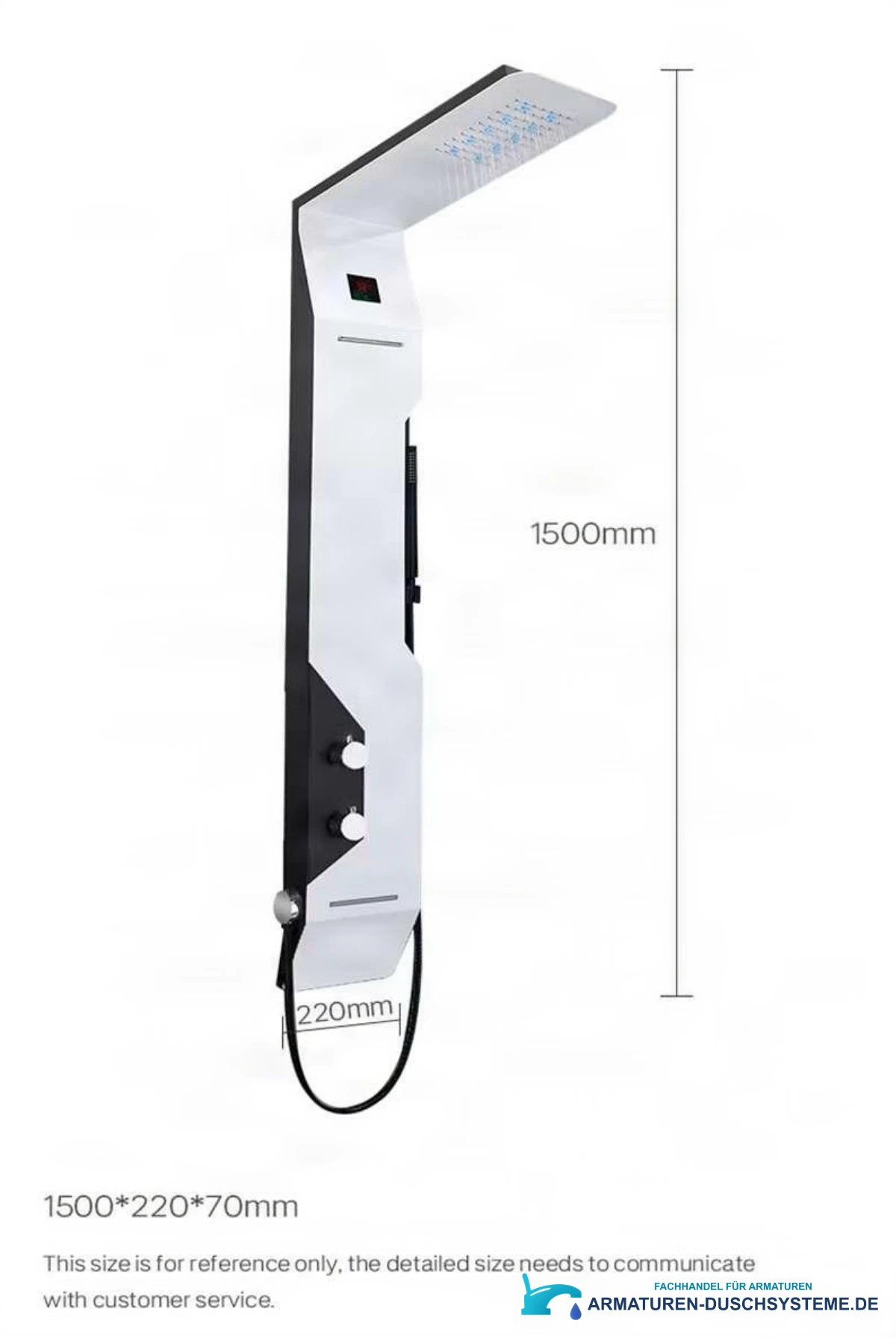 Technische Darstellung des Duschpaneels ELITE EDITION DELUX BSP1412 (1500 × 220 × 70 mm)