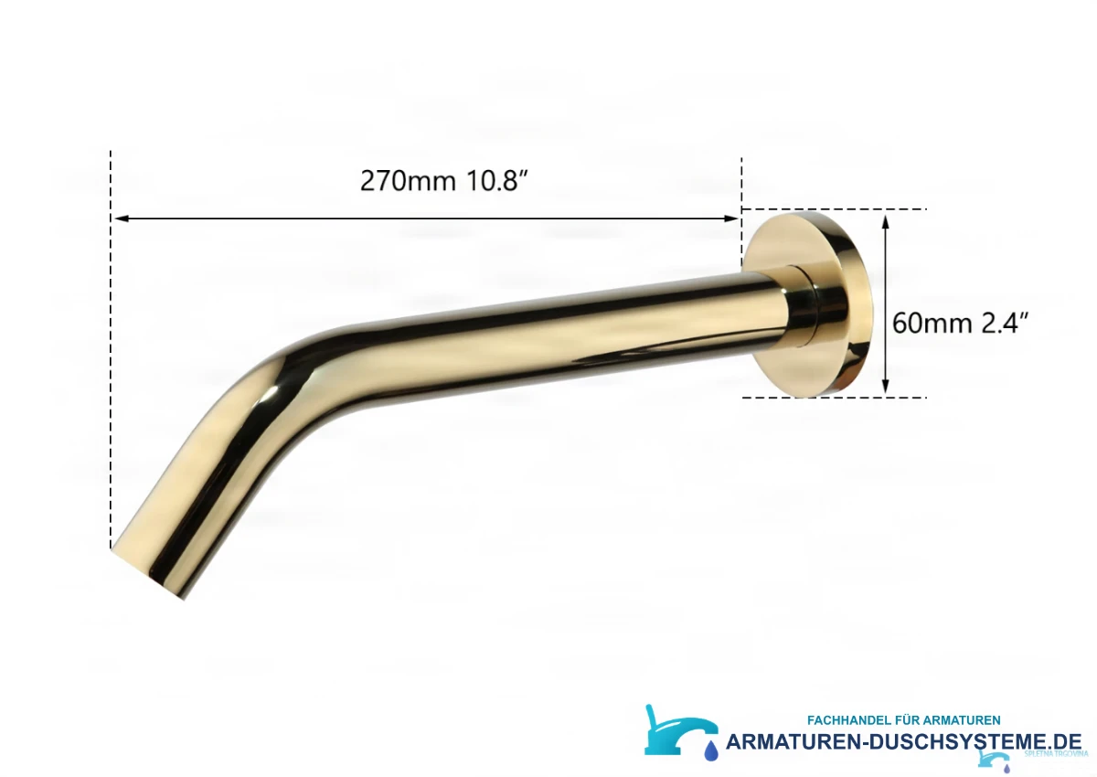 Technische Darstellung der Sensor-Wandarmatur BWS1254 in Gold, 270 mm lang und mit 60-mm-Rosette