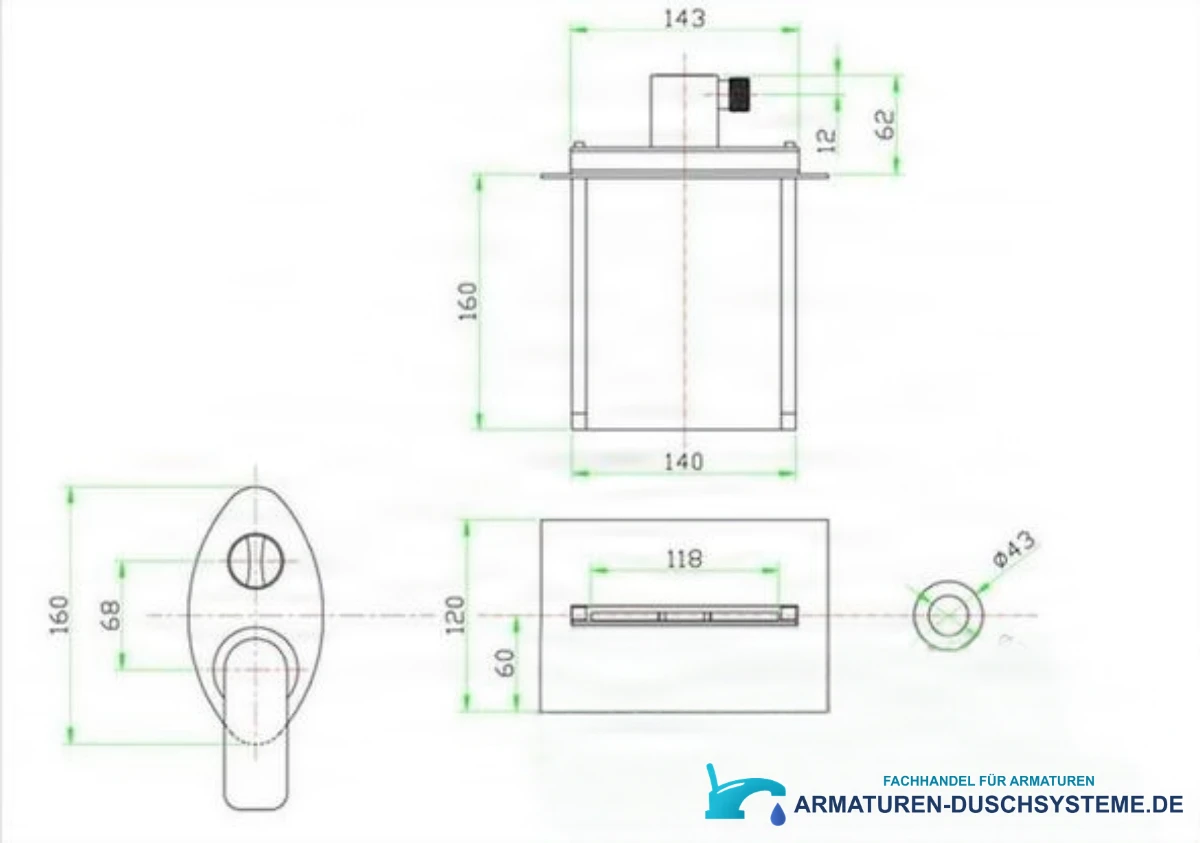Technische Zeichnung der Unterputz-Wannenarmatur mit LED-Beleuchtung PSK7917 (160 × 143 × 62 mm)