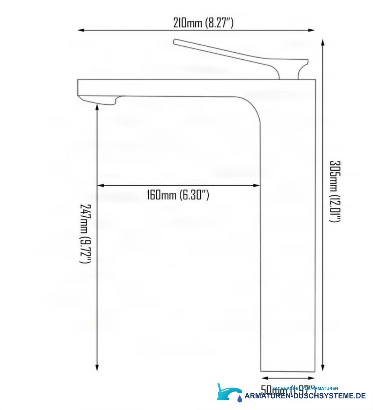 Technische Zeichnung der Waschtischarmatur BSC1342 mit 306 mm Höhe und 210 mm Ausladung