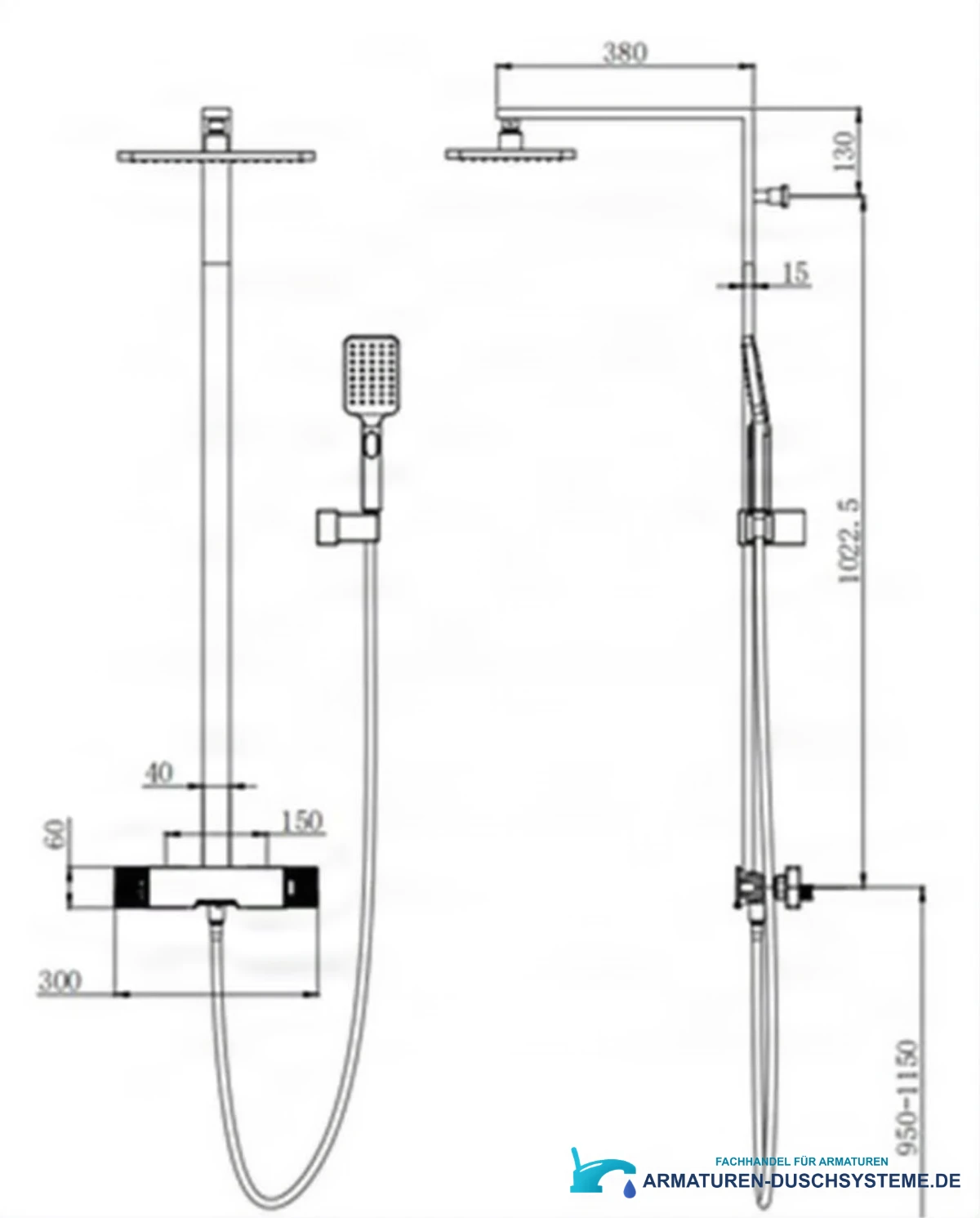 Technische Zeichnung des Aufputz-Duschsystems ELITE EDITION BSE1419 (380 mm, 950–1150 mm)