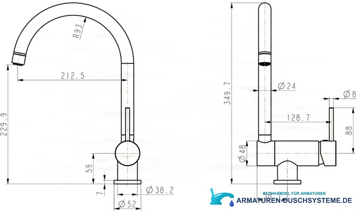 Technische Zeichnung der Niederdruck-Klappküchenarmatur NT1141, Höhe 349,7 mm, Ausladung 212,5 mm