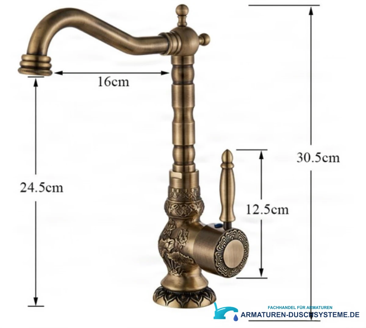 Technische Zeichnung der hohen Waschtischarmatur AQB1600, 30,5 cm hoch