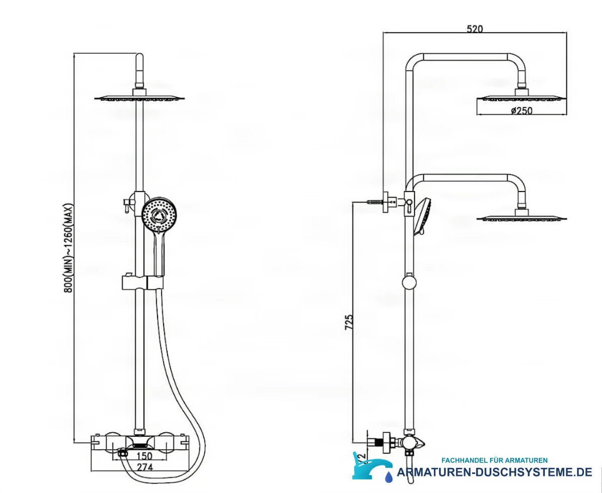 Technische Zeichnung des thermostatischen Duschsystems ELITE EDITION BST1105 (800–1260 mm, G1/2)