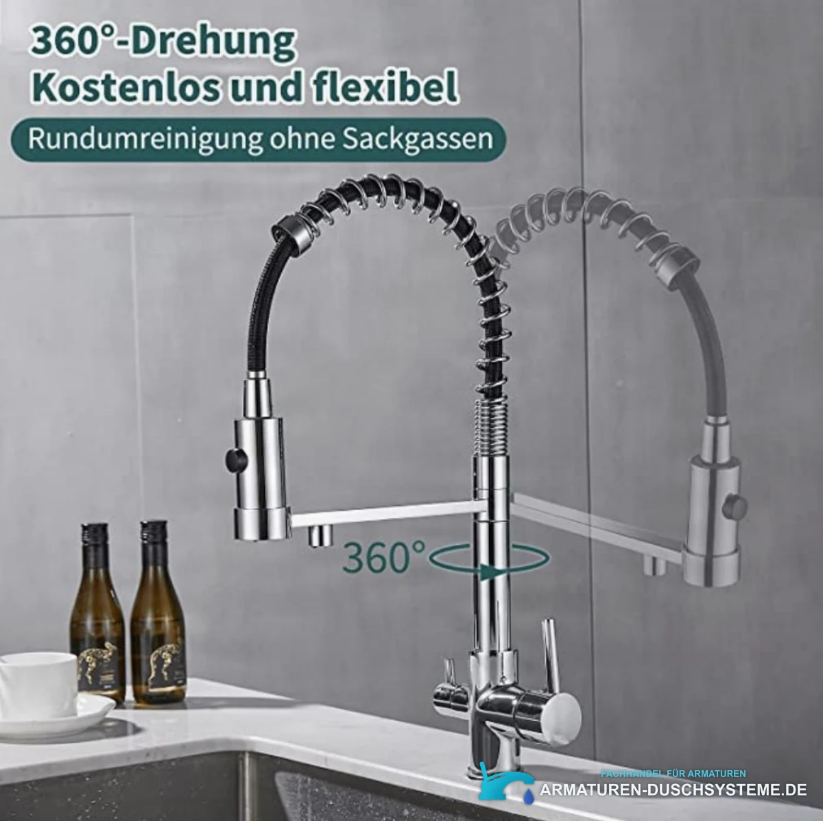 Funktionen der Küchen-Filterarmatur KF1459: schwenkbarer Auslauf mit 360 Grad