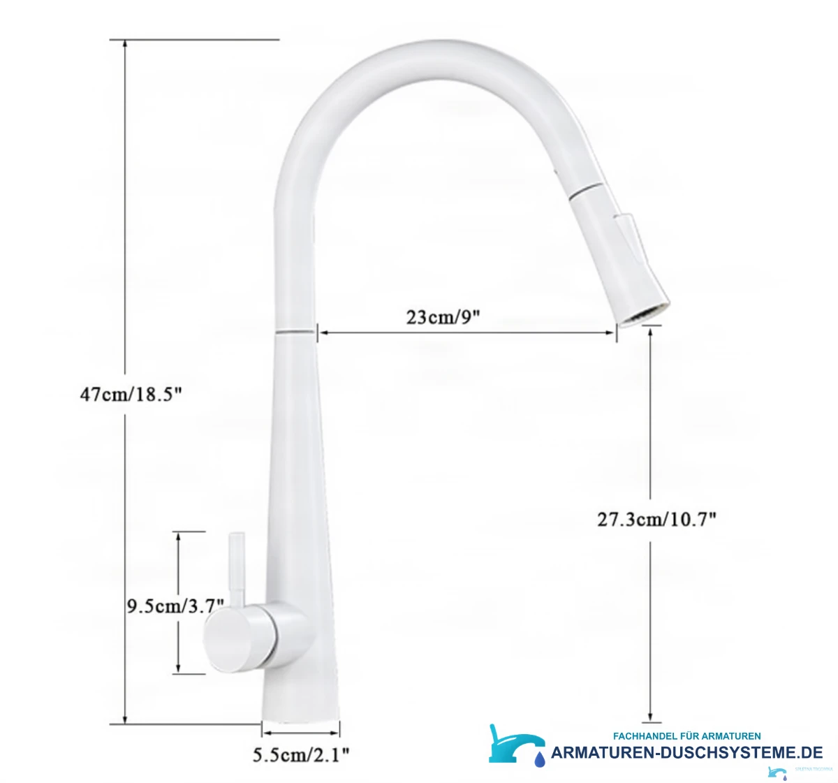 Technische Zeichnung der weißen Küchenarmatur BS16111 mit 47 cm Höhe und 23 cm Ausladung