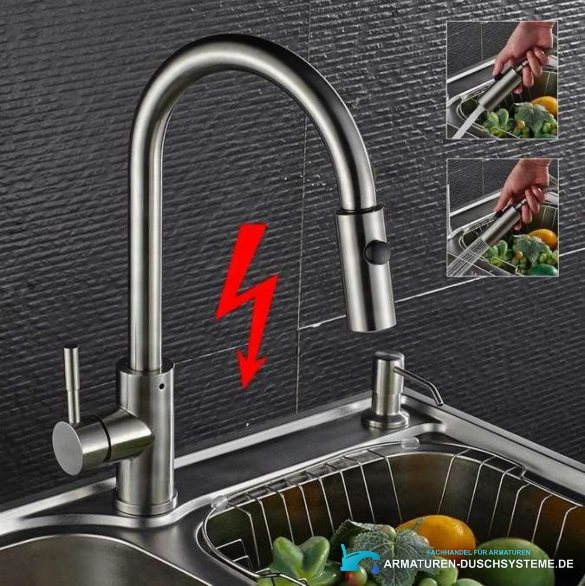 Niederdruckarmatur EYN NT1546 im Einsatz an einer Küchenspüle mit Gemüsekorb