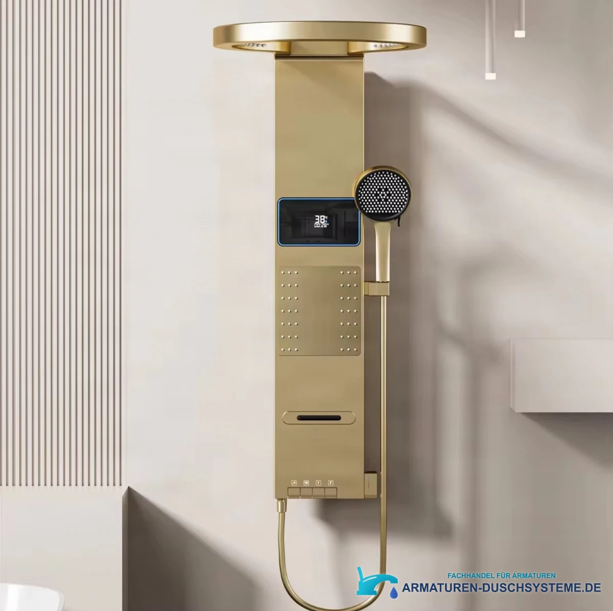 Duschpaneel ELITE EDITION BSE1424 im modernen Bad mit goldener Ringkopfbrause