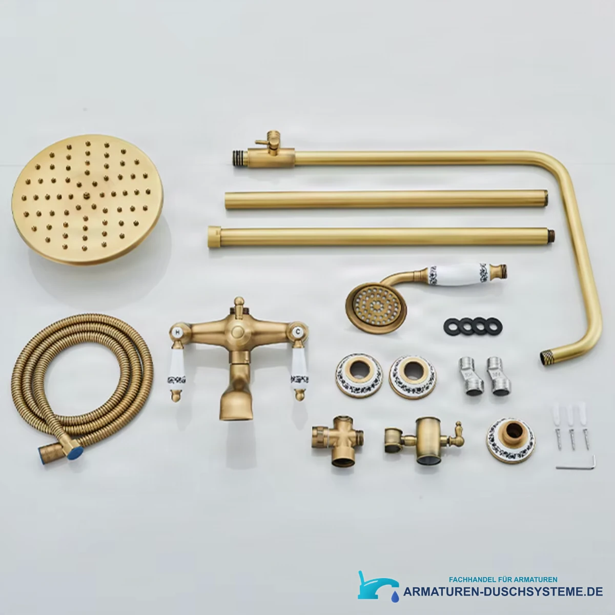 Antikes Aufputz-Duschsystem mit Keramikdetails BSE1241 in goldfarbener Messingoptik