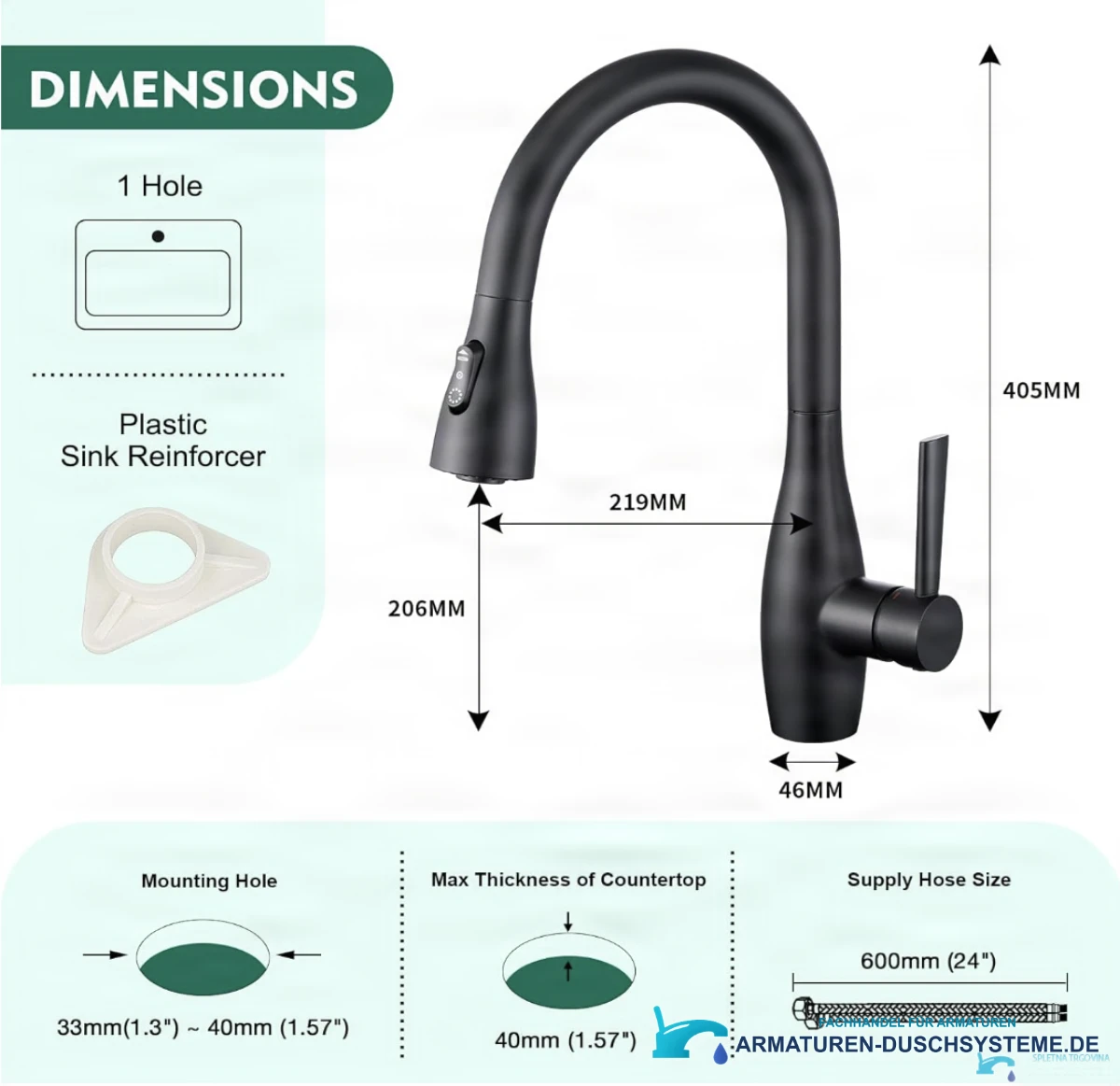 Technische Zeichnung der smarten Küchenarmatur mit Sensor KFS1428 (405 × 219 mm)