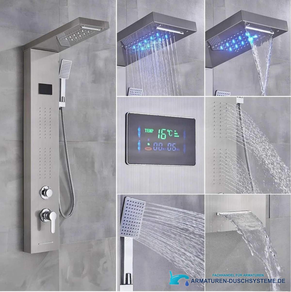 Luxus LED-Duschpaneel BSP1912 — gebürstete Oberfläche und fünf Wasserfunktionen
