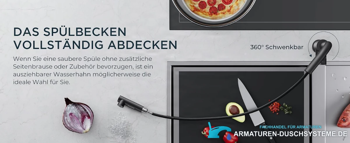Niederdruck-Küchenarmatur ELITE EDITION KFL2244 im Einsatz: ausziehbare Brause über der Spüle