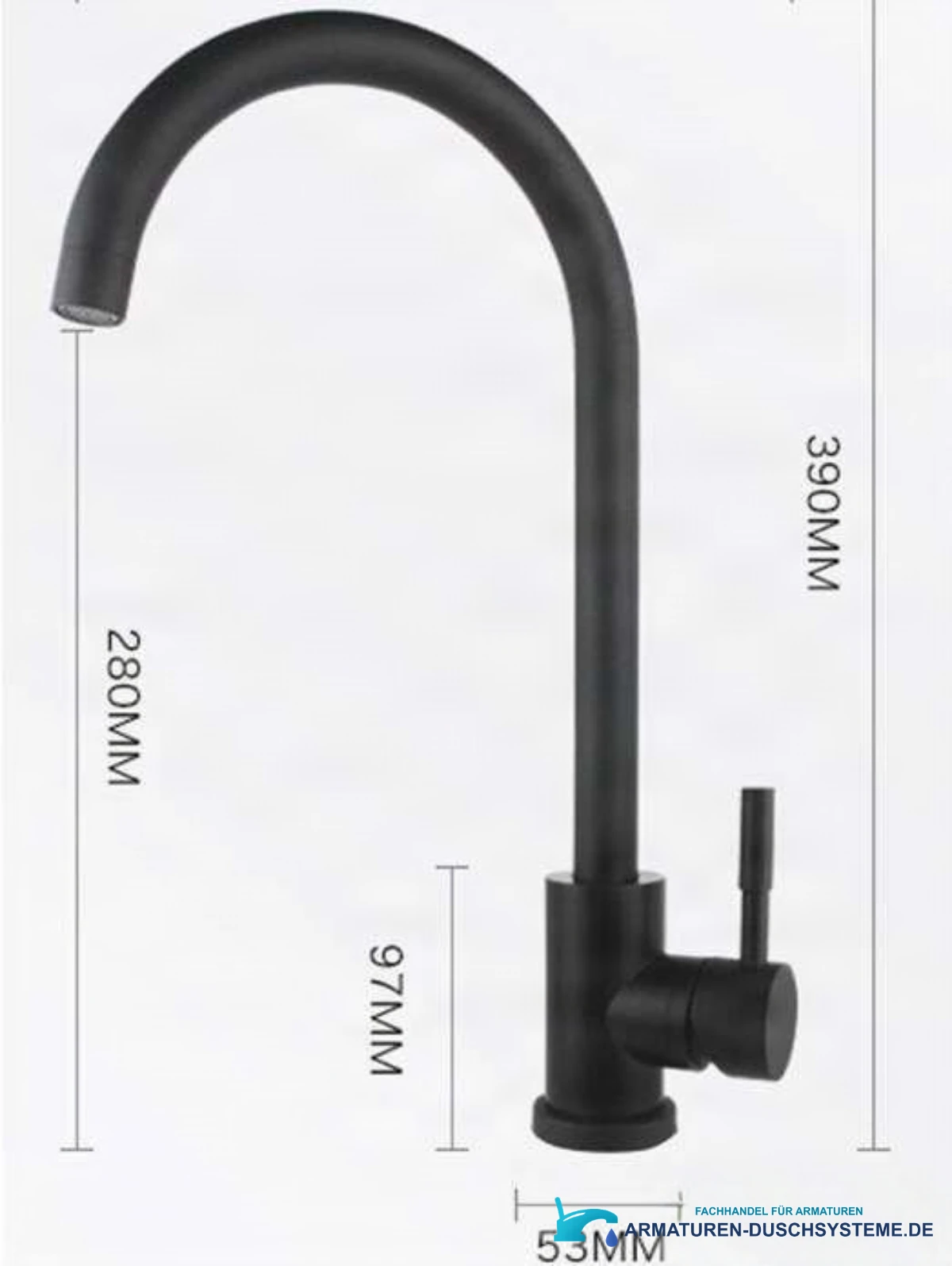 Technische Darstellung der Küchenarmatur BK1343 mit 390 mm Höhe und 280 mm Auslaufhöhe