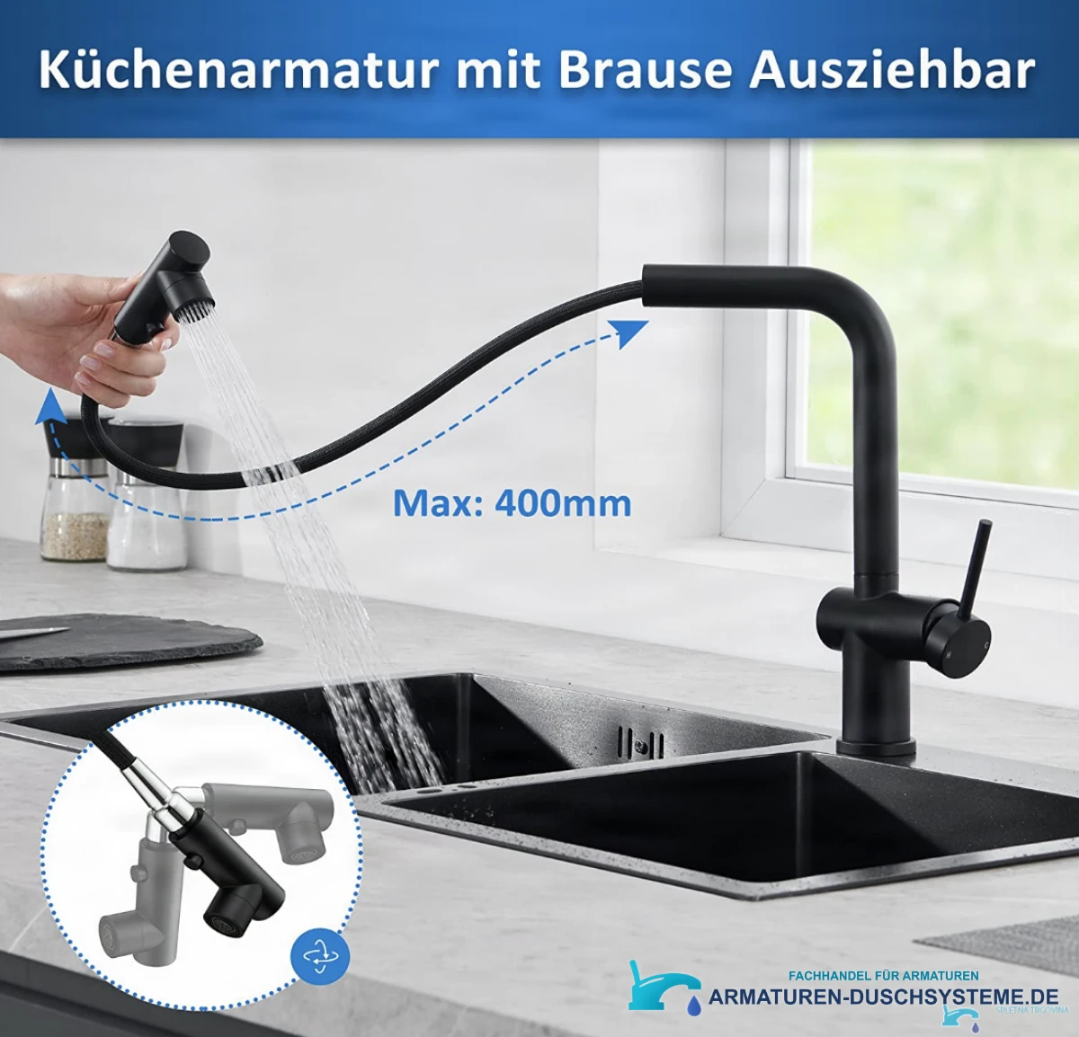 Spezifikationen der Niederdruck-Küchenarmatur NTB2003: ausziehbare Brause bis 400 mm
