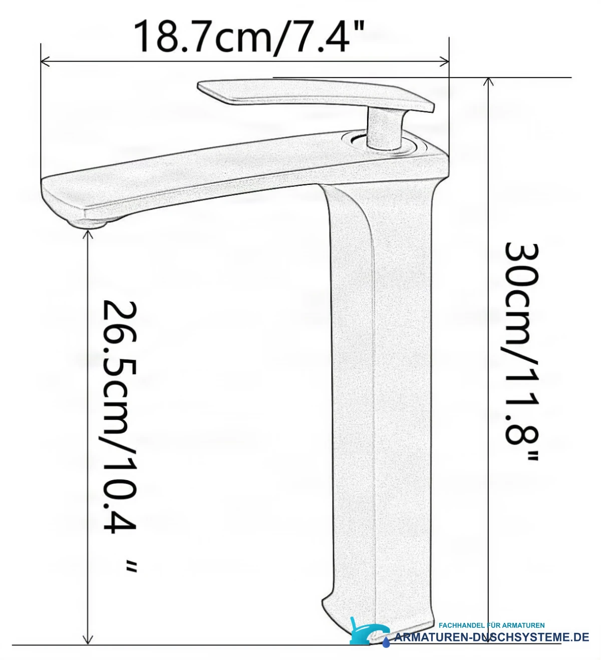 Technische Zeichnung der Elite Edition Waschtischarmatur BC1351 (30 × 18,7 cm)