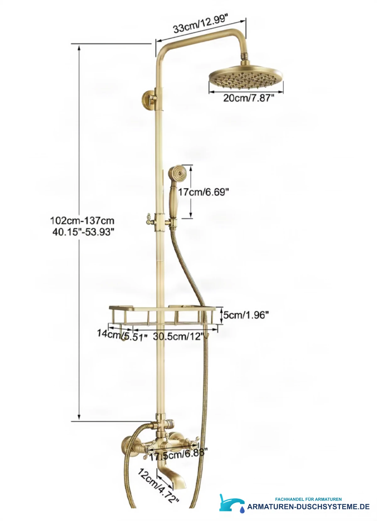 Technische Zeichnung des antiken Aufputz-Duschsystems BSE1241, Höhe 102–137 cm und Kopfbrause Ø 20 cm