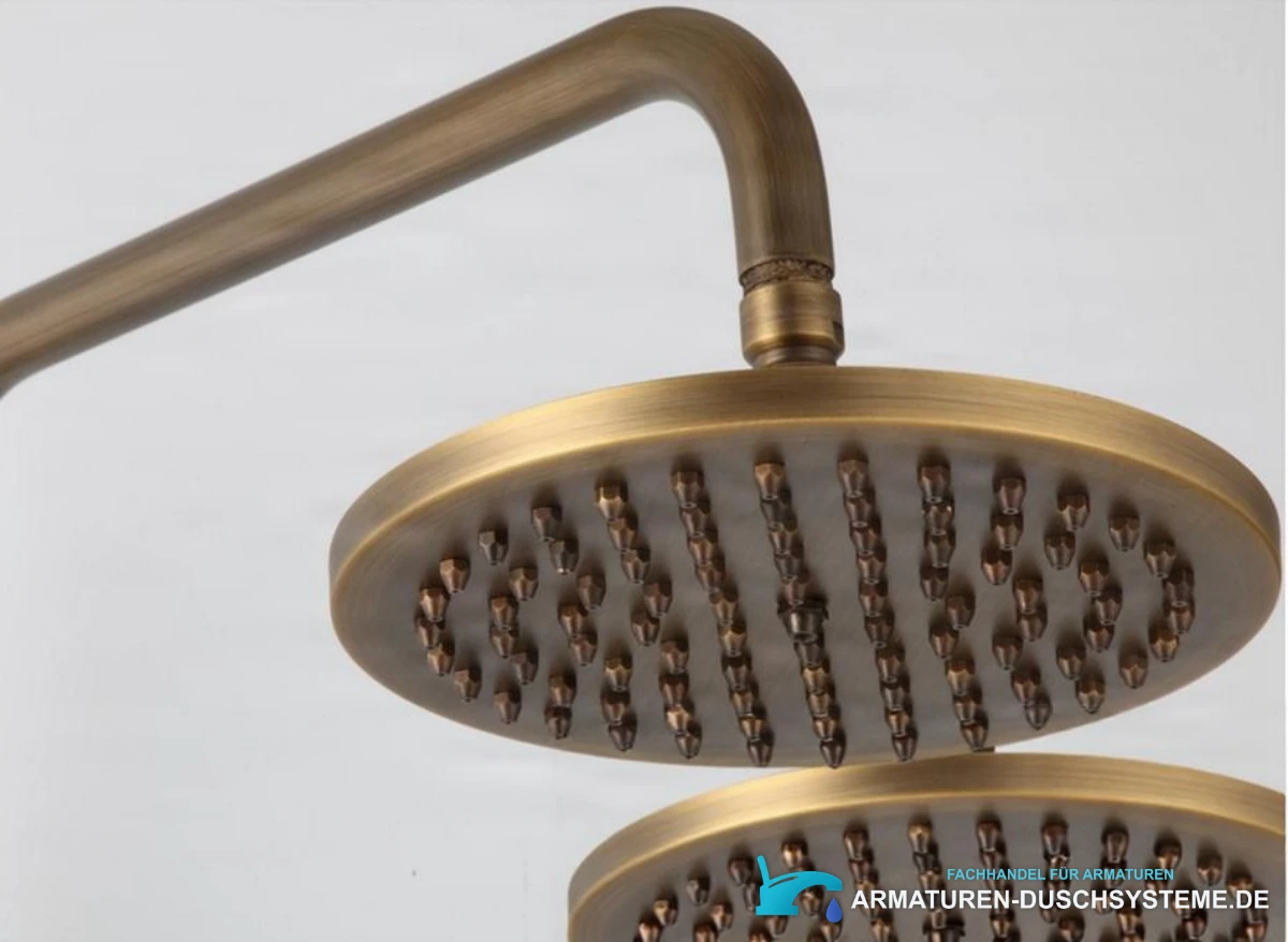 Detail der runden Kopfbrause des Duschsystems TN1700 in Antik-Messing-Optik