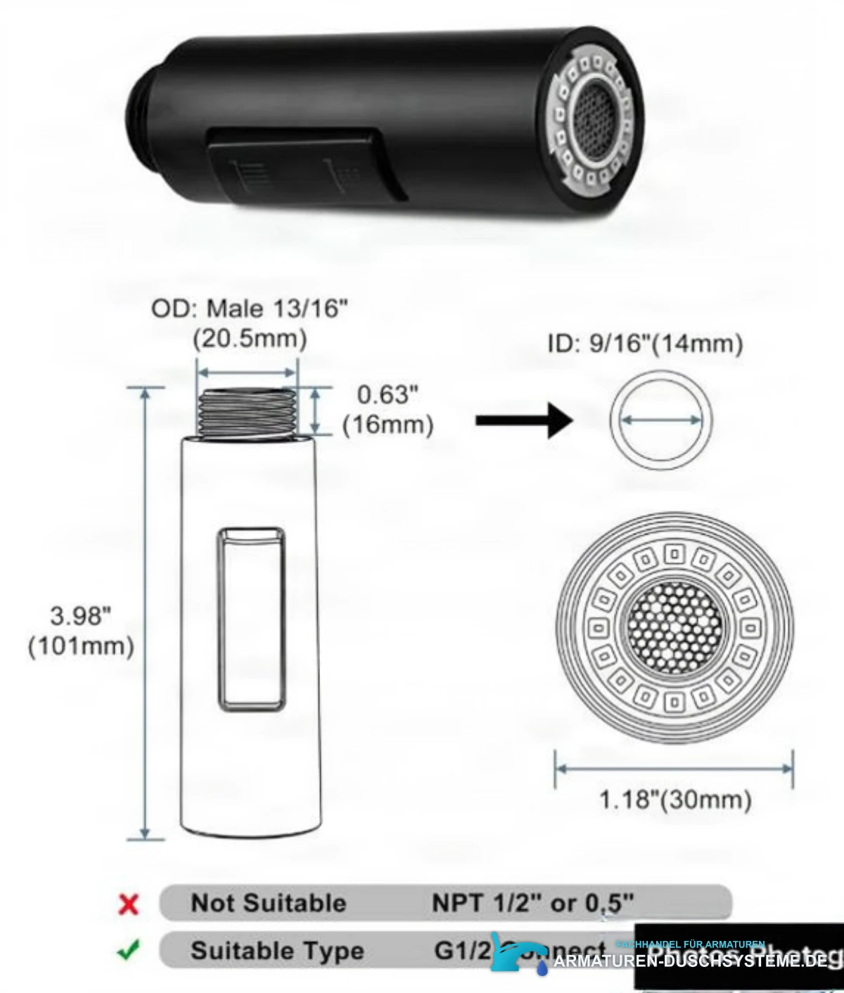 Technische Zeichnung des Küchenarmatur-Sprühkopfs PKF1422 (101 × 30 mm, G1/2)
