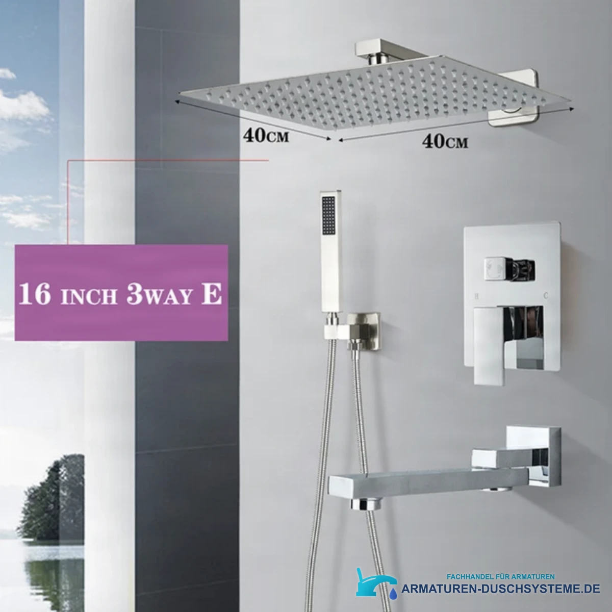 Maßangaben zum Unterputz-Duschsystem PT04042: Kopfbrause 40 × 40 cm