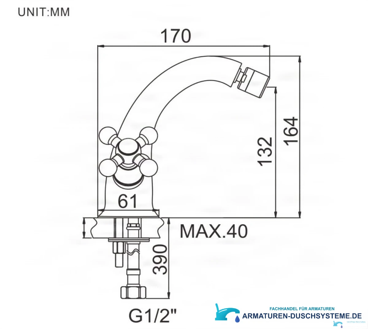 Technische Zeichnung der rustikalen Chrom-Bidetarmatur UC1143 (170 × 164 mm, G1/2)