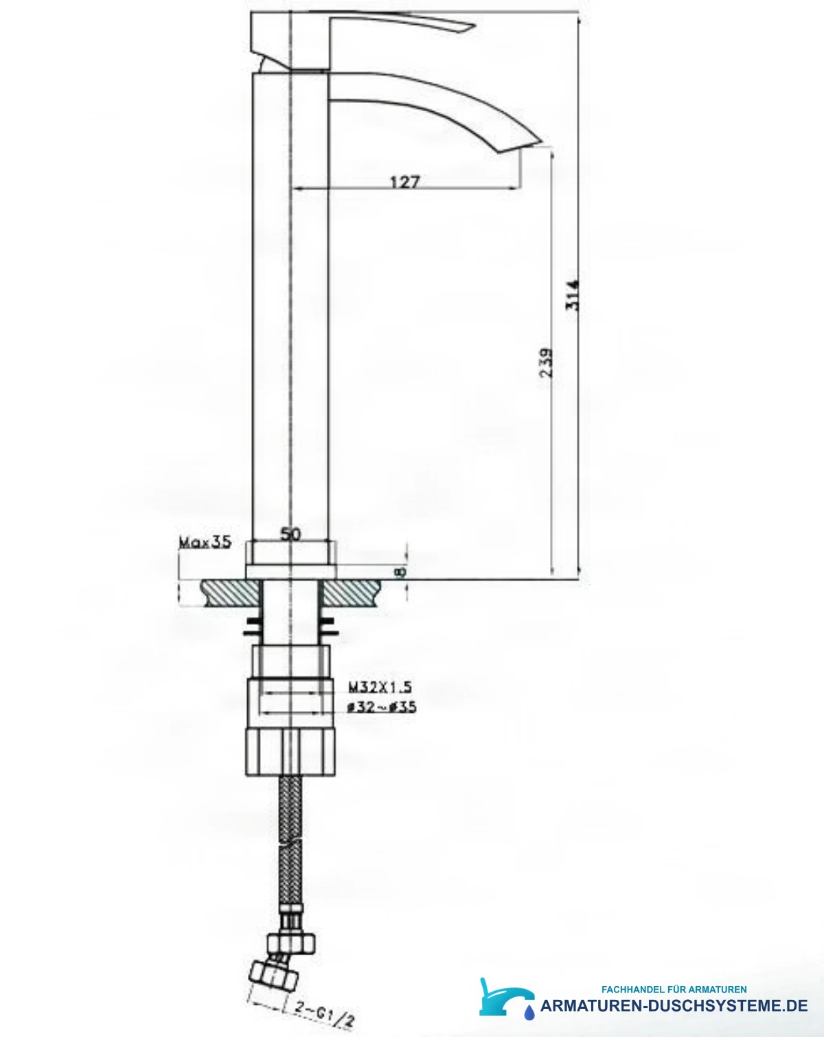 Technische Zeichnung der Badarmatur EYN 017 (314 mm, Ausladung 127 mm)