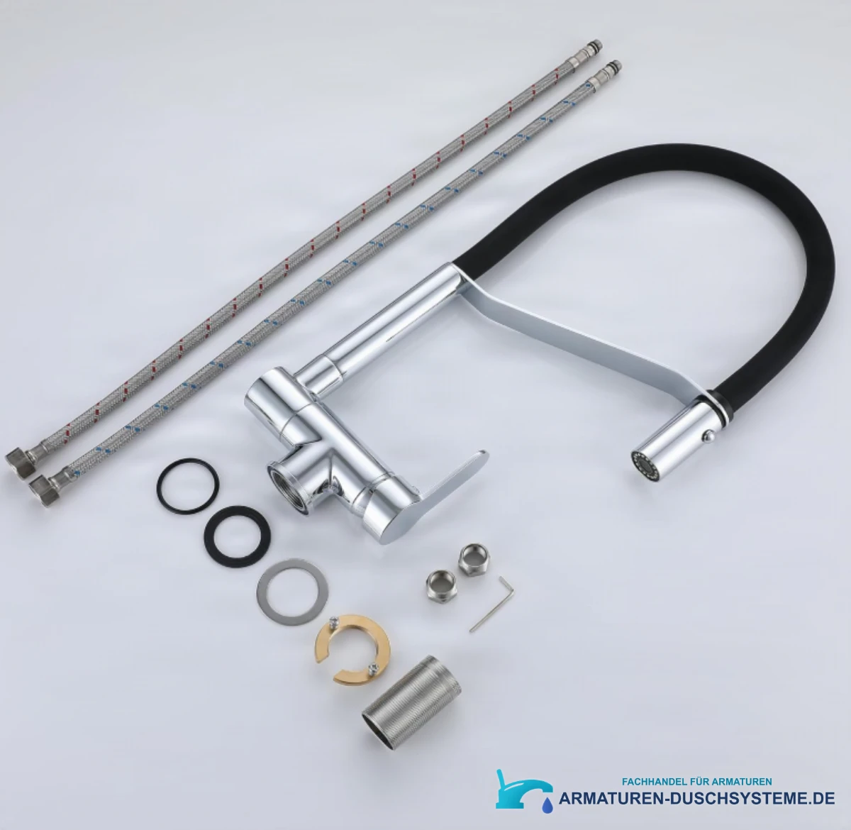 Klappbare Küchenarmatur ELITE EDITION KW1202 in Chrom mit schwarzem Schlauch