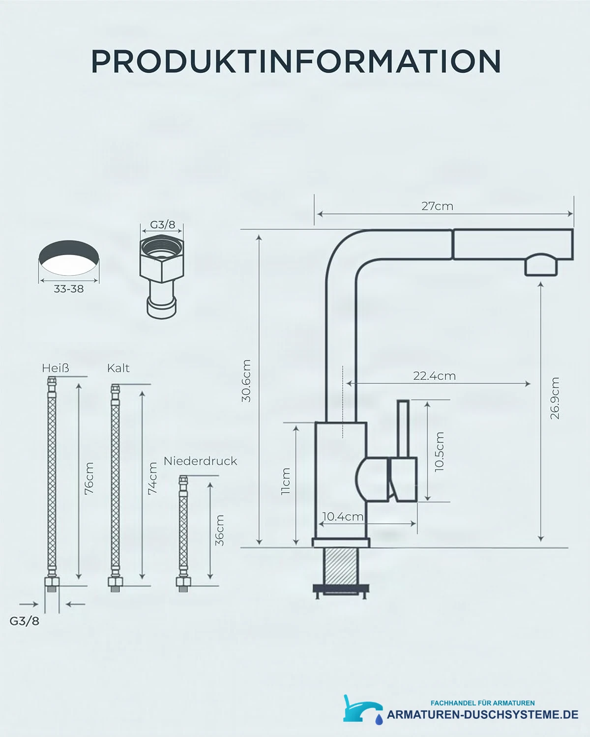 Technische Zeichnung der Niederdruck-Küchenarmatur ELITE EDITION KFL2244 mit 30,6 cm Höhe und G3/8