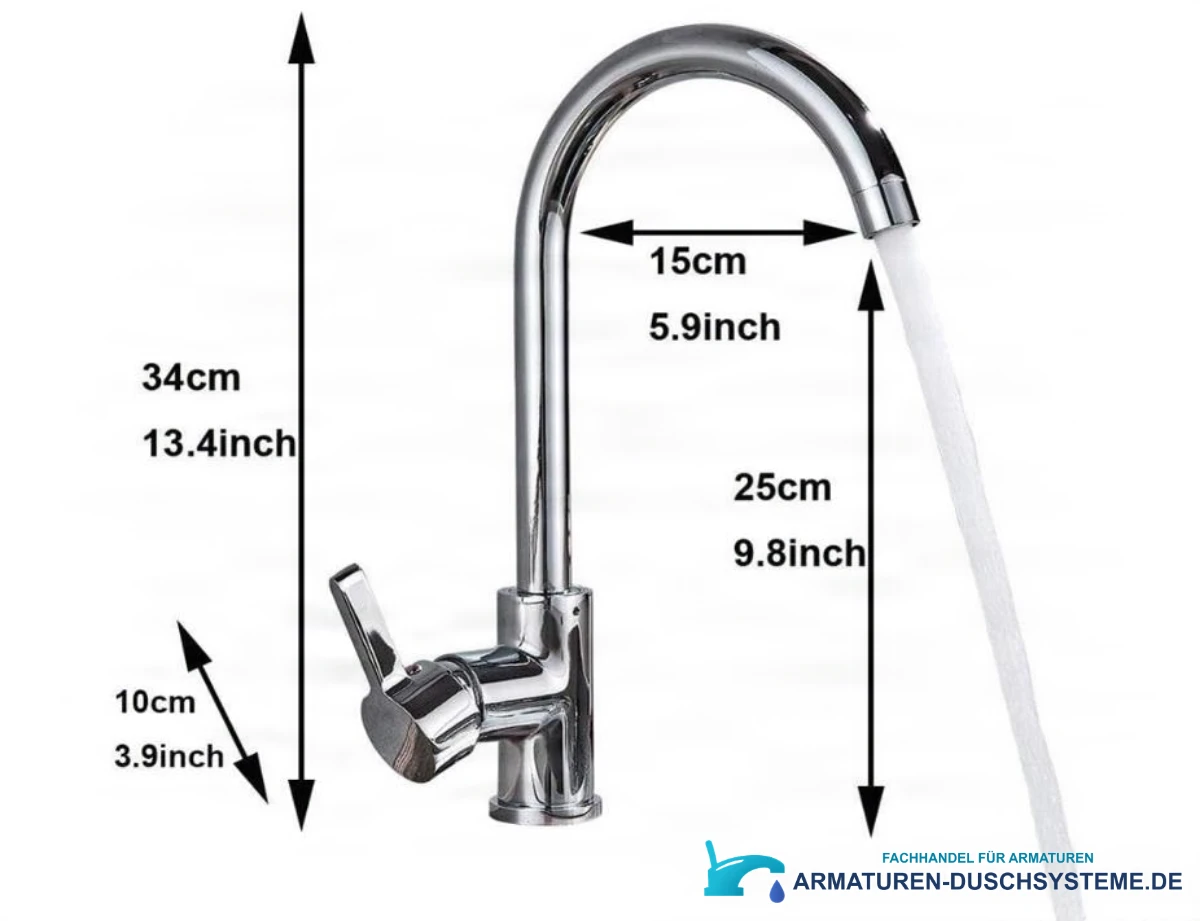 Maße der verchromten Niederdruck-Küchenarmatur NT1311: 34 cm Höhe und 15 cm Ausladung