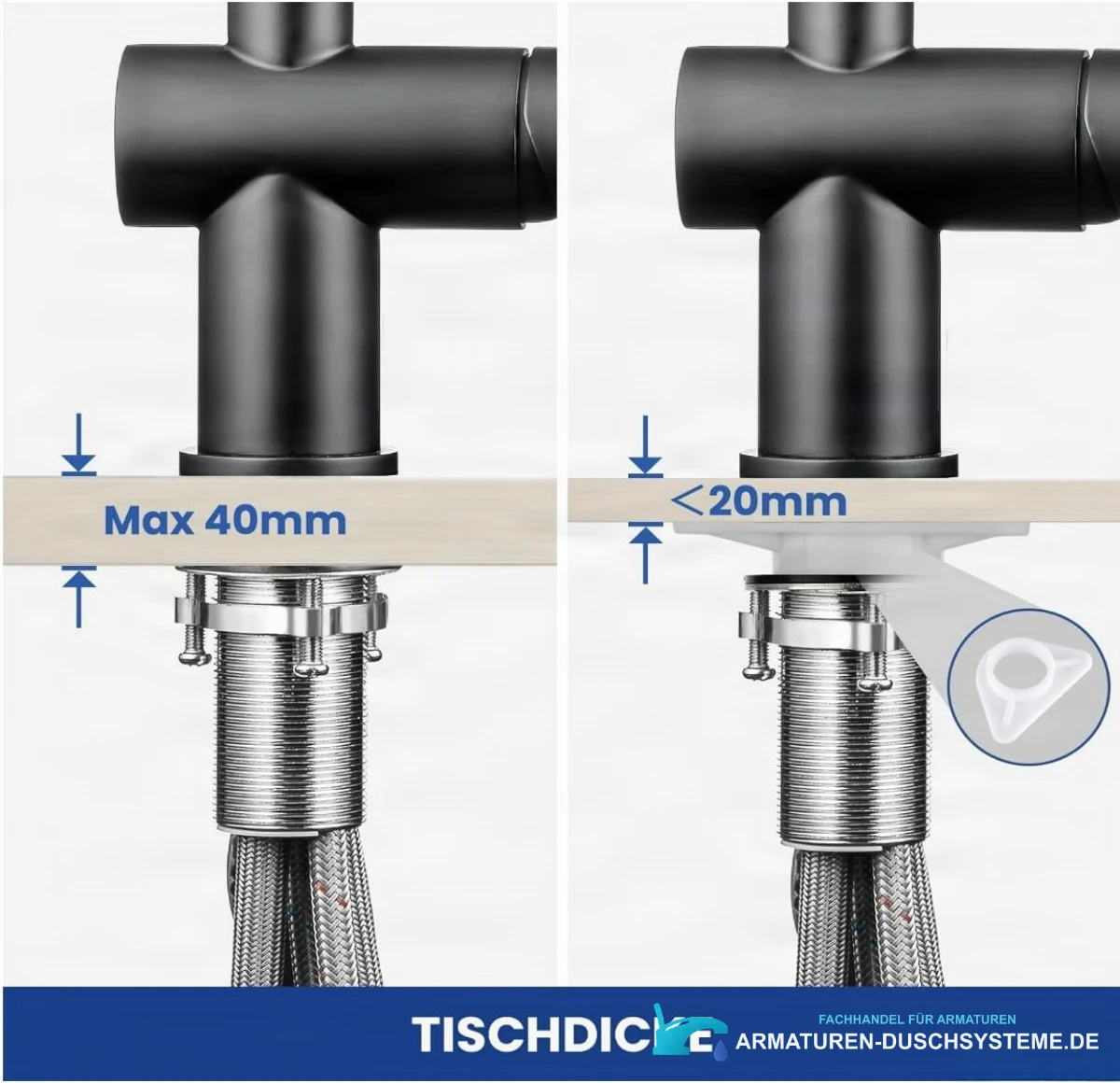 Spezifikationen der Küchenarmatur KL1109: Montage bis 40 mm Plattenstärke, Adapter unter 20 mm