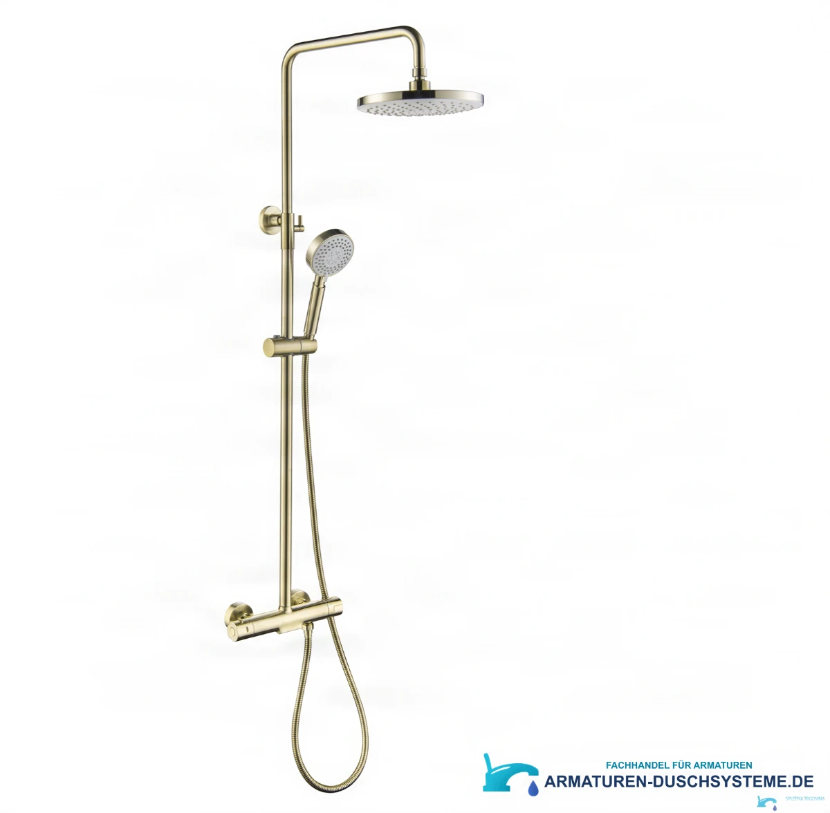 Goldfarbenes Aufputz-Duschsystem GT2251 — Gesamtansicht mit Kopf- und Handbrause