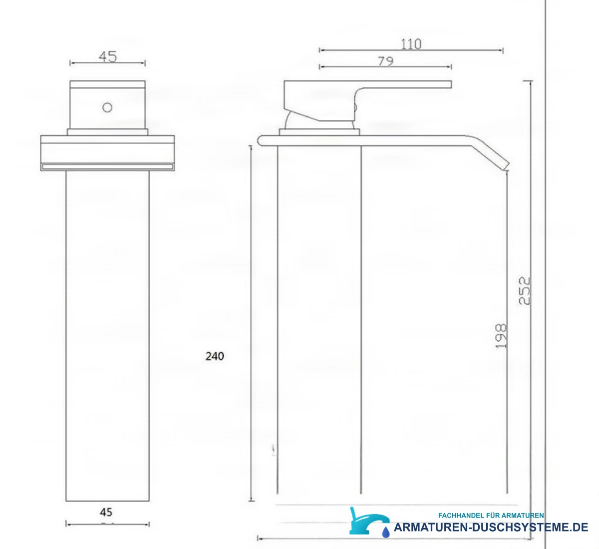 Technische Zeichnung der Wasserfall-Waschtischarmatur EYN103 (252 × 45 mm, Ausladung 110 mm)