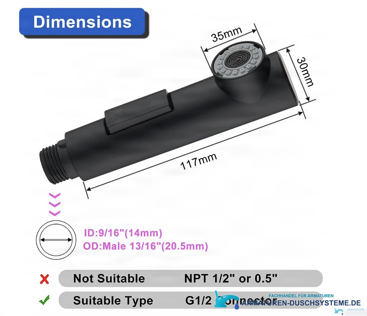 Spezifikationen des schwarzen Brausekopfs EYN BG1708: 117 mm Länge und G1/2-Anschluss