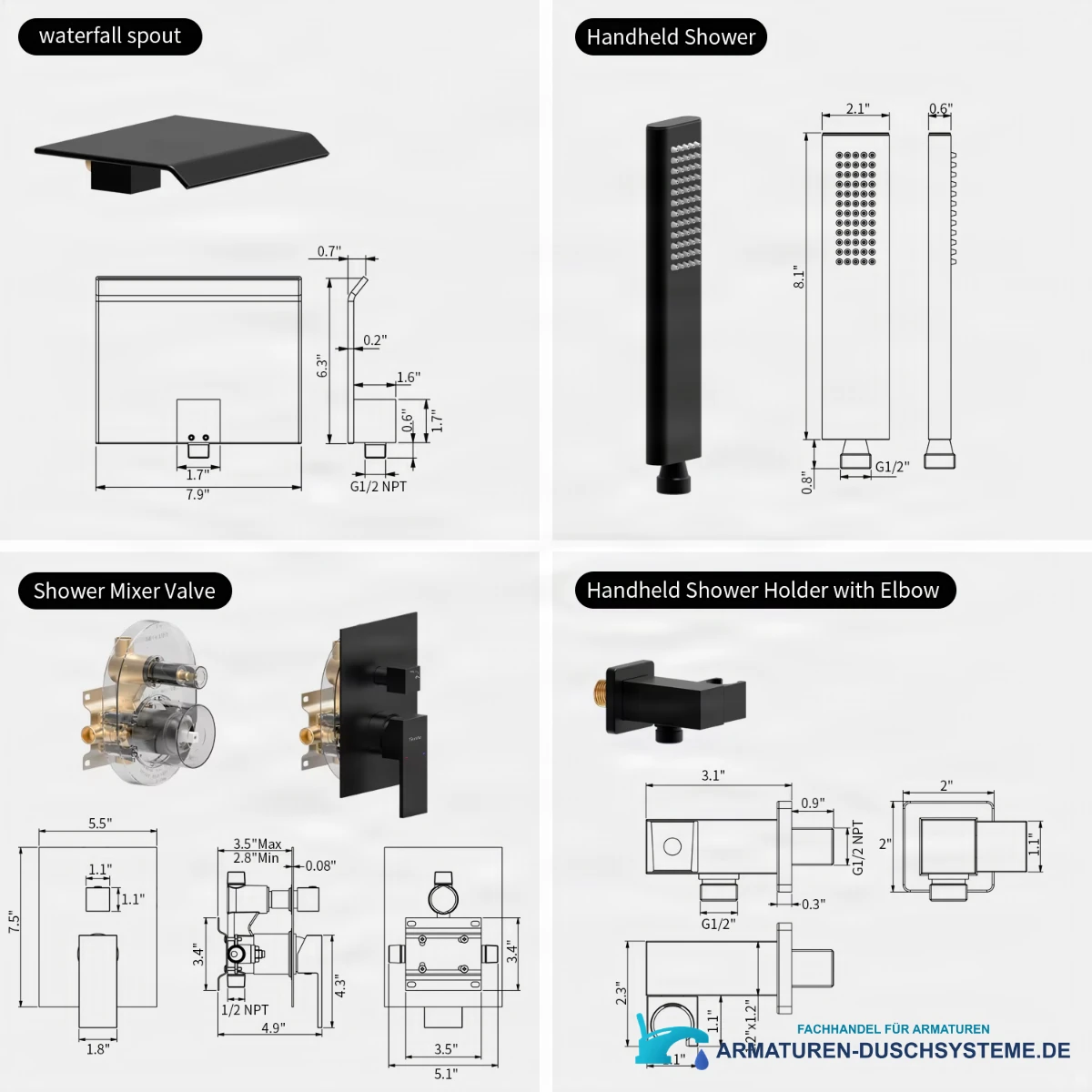 Technische Zeichnung der Wannenarmatur ELITE EDITION BSW1678 mit NPT-Außengewinde und Handbrause (G1/2, NPT 1/2, 8,1 Zoll)