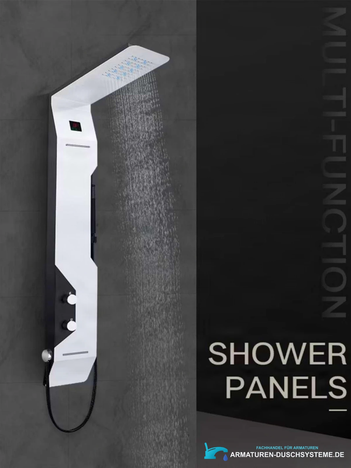 Duschpaneel ELITE EDITION DELUX BSP1412 im Einsatz in einer grauen Dusche