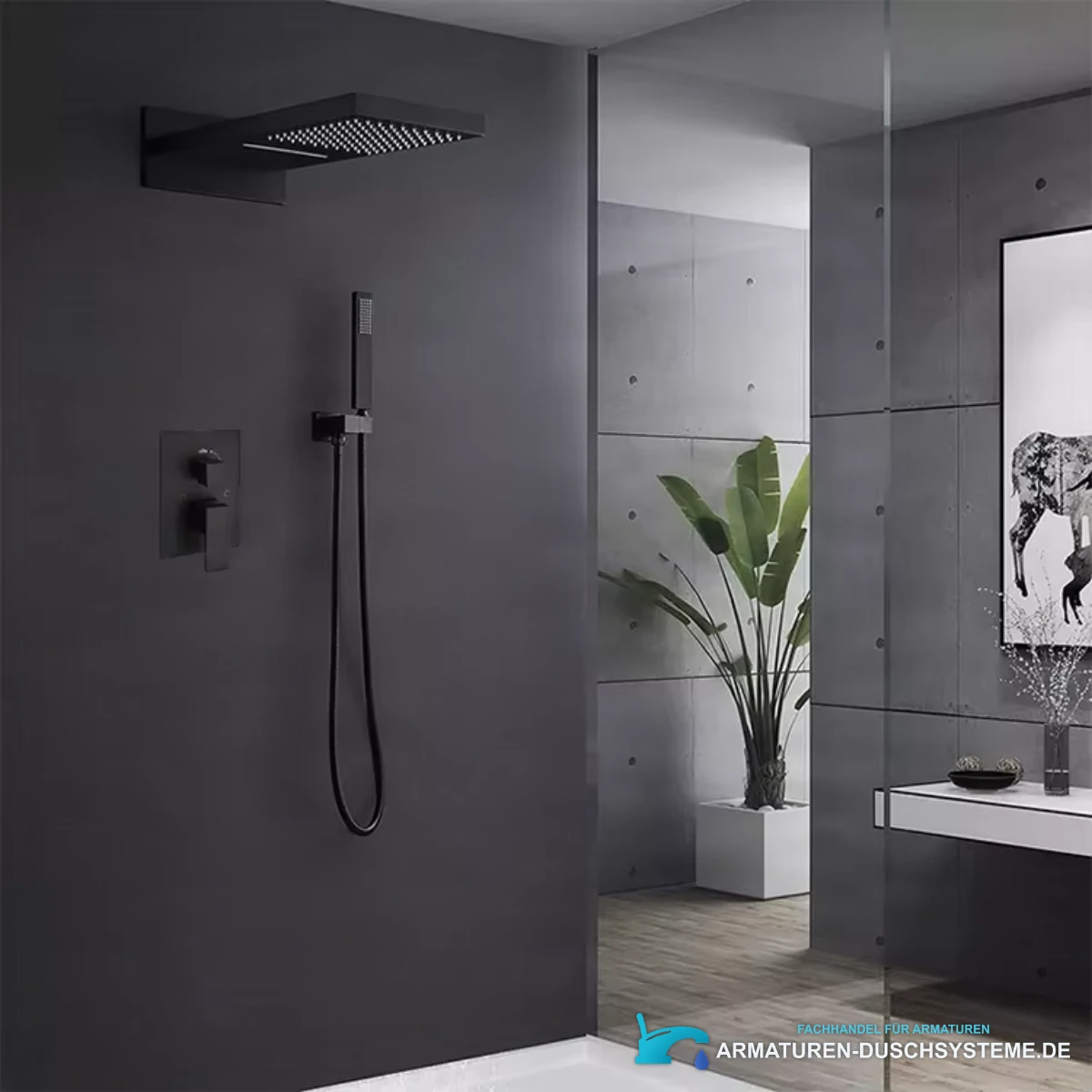Luxuriöses schwarzes Messing-Duschsystem ELITE EDITION BSC1682 mit Wasserfall- und Regenfunktion im modernen Bad