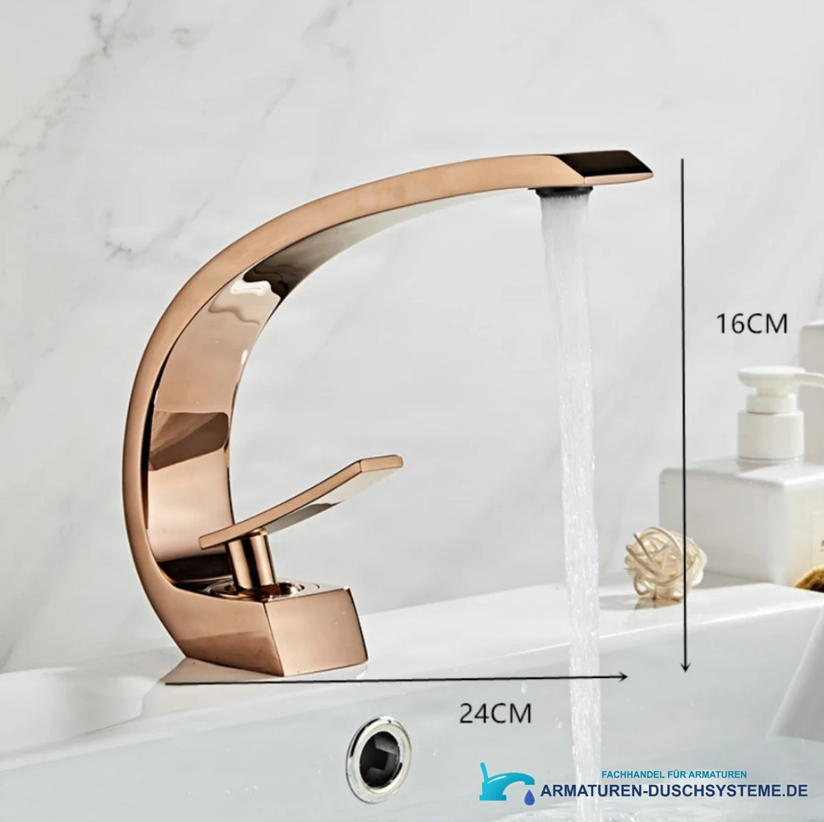 Maße der Waschtischarmatur GB1424-zs in Roségold: 24 cm und 16 cm