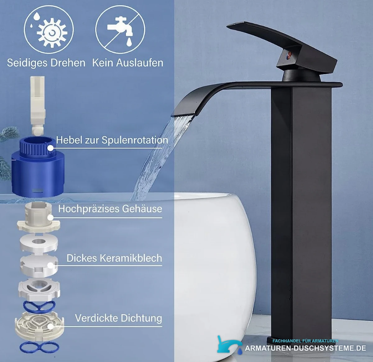 Spezifikationen der Waschtischarmatur EYN103: Keramikkartusche und Wasserfallauslauf