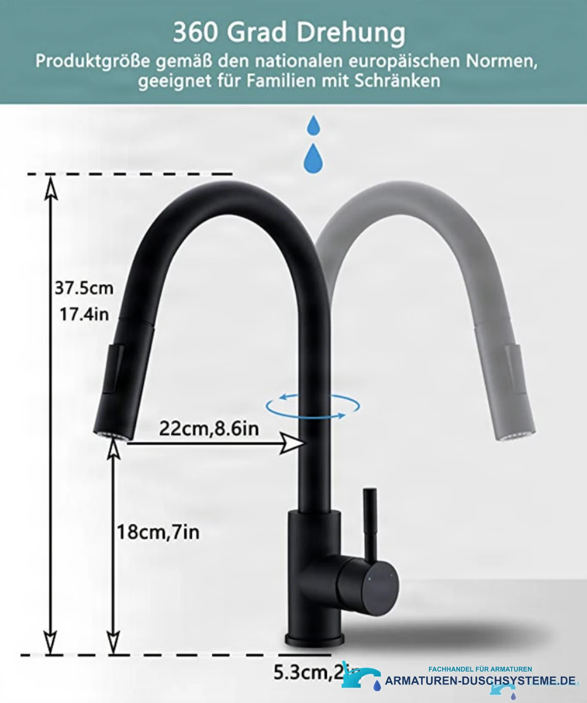 Technische Zeichnung der Küchenarmatur NT1354 (37,5 cm hoch, 22 cm Ausladung)