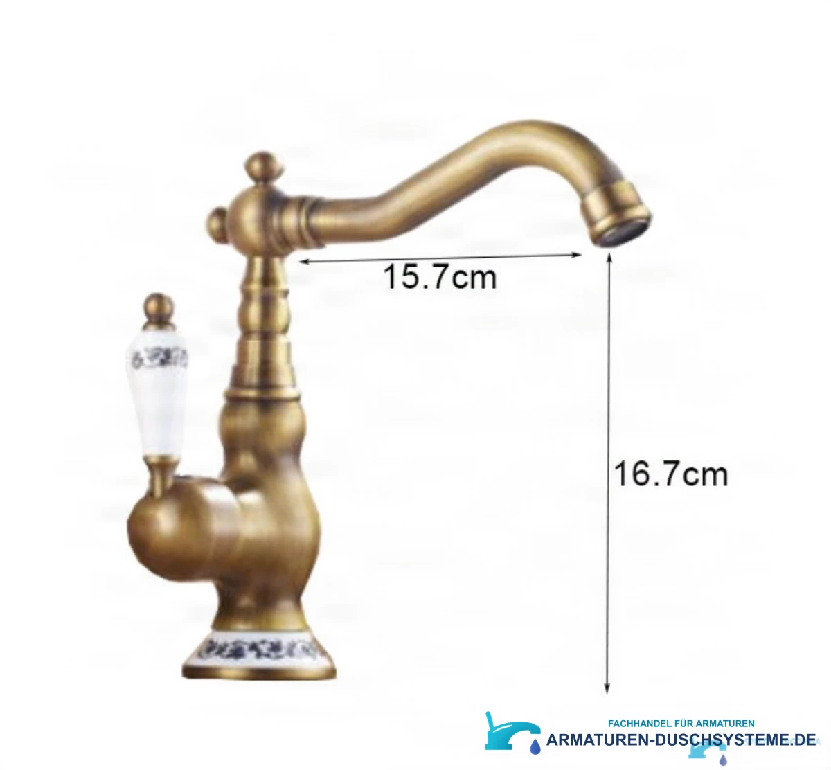 Technische Darstellung der Standarmatur AQ1129 mit 15,7 cm Ausladung und 16,7 cm Höhe
