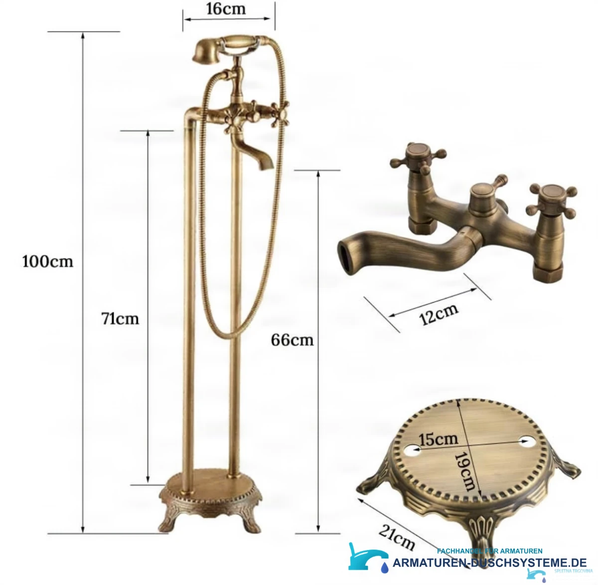 Freistehende Wannenarmatur AQF2016: Höhe 100 cm, Sockel 21 cm