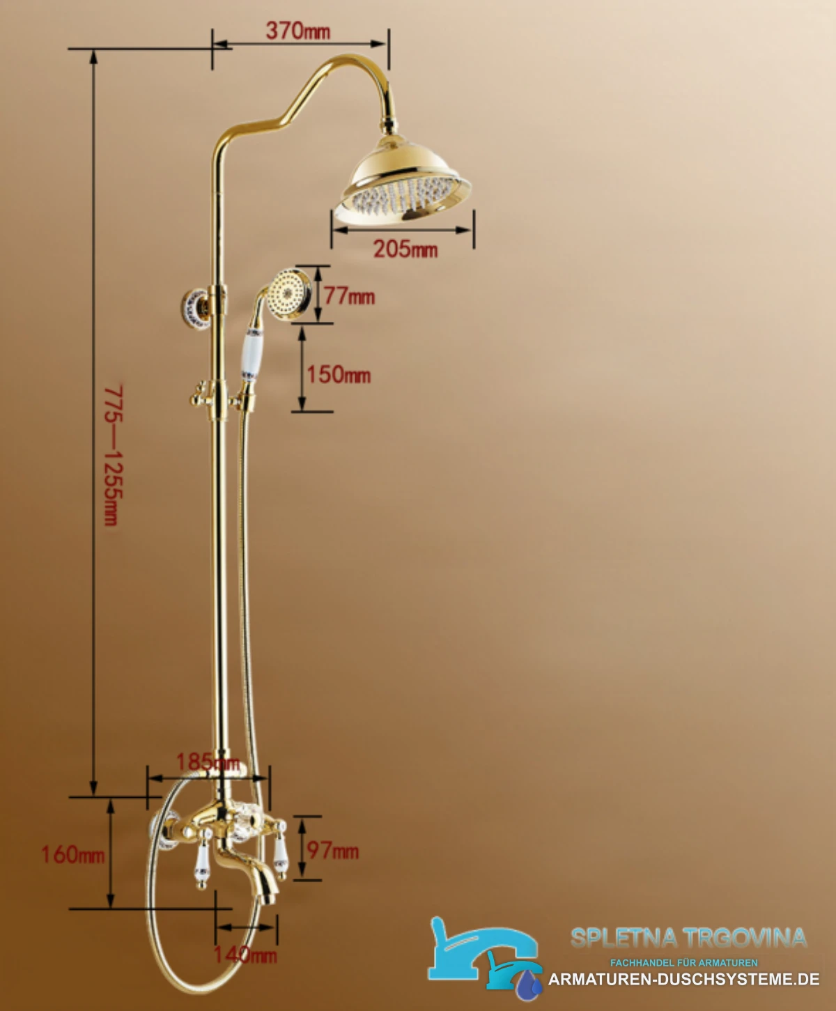 Technische Zeichnung des Duschpaneels „mit Diamant“ NTG40422 (775–1255 mm, Kopfbrause 205 mm)