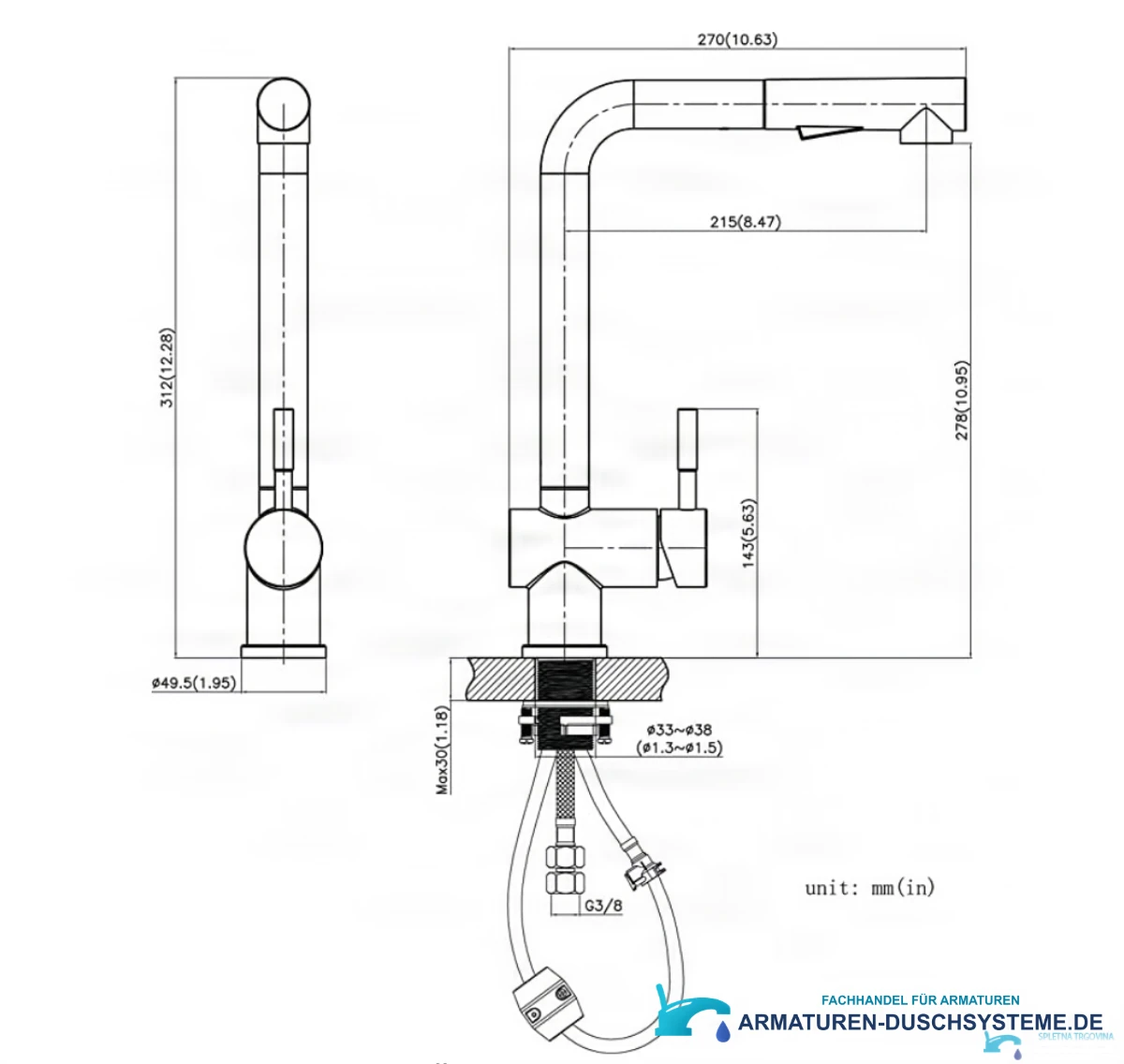 Technische Zeichnung der Küchenarmatur EYN NT1344 mit 270 mm Ausladung und G3/8