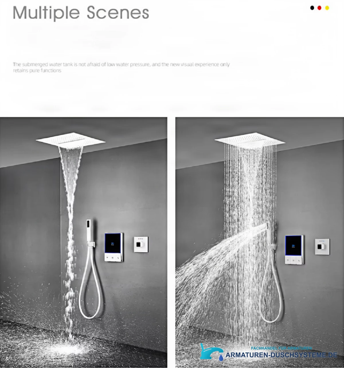 Funktionen des Duschsystems BCS1721: Wasserfall, Regendusche und Seitenstrahl
